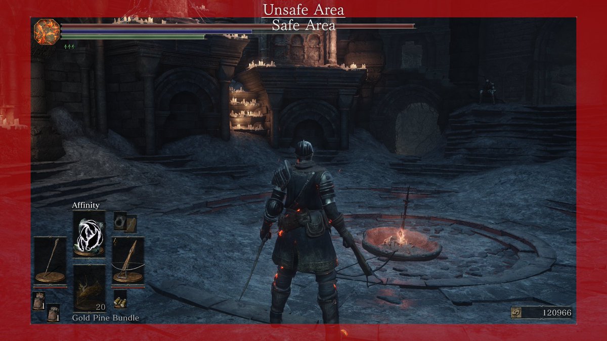 Finally we come to DS3, which I feel comfortable saying has the best HUD in the Souls series. Everything is clean, compact, and as close to the Safe Area as possible to minimize view-obstruction. The Key Menu is still taller than it was in Demon's, but it's not that intrusive.