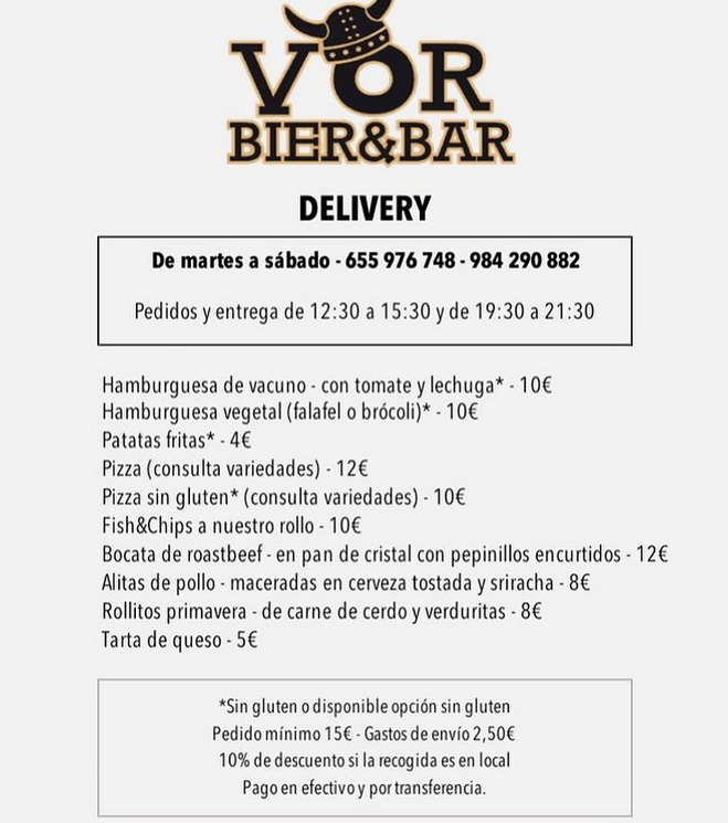 En Gijón todos en casa a las 10, y la hostelería cerrada a las 8. Así que tiramos del Delivery de <a href="/Cerveceriavor/">Vor Bier & Bar</a>  porque había mono de hamburguesa. El pan hecho en la cervecería, un paso adelante. Les dejo la minicarta. Además de la hamburguesa, muy buena la tarta de queso.