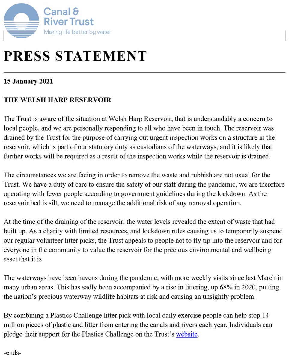 Thanks to everyone's response to my photo-story about the state of Brent Reservoir,  @CanalRiverTrust have issued this statement. Pandemic concerns aside, heavy debris & silt have been unaddressed problems for years, not just something revealed this week.