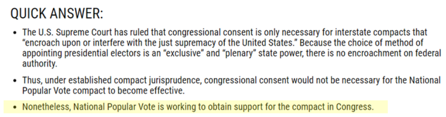 But, the constitution requires states to get the “consent of Congress” before entering into an interstate compact. While technically, it might not be needed in this case, given the current makeup of the Supreme Court, I think it’s wise. (And  @NatlPopularVote agrees.)