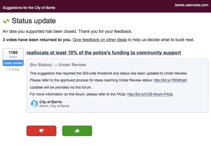 Randy__Now's tweet photo. That time when @cityofbarrie got 1160 votes on its User  Voice Platform from #barrie residents requesting the city to reallocate at least 10% of police funding!! #letsgetengaged #mostvotesever https://t.co/3ffXrsugea