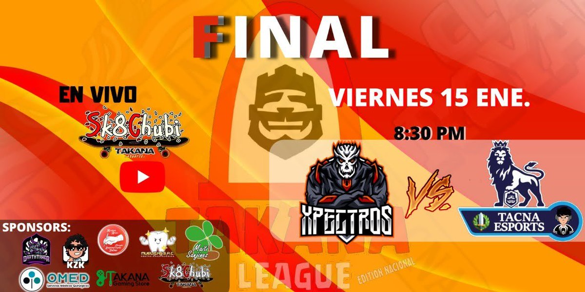 #TakanaLeague | #ComunidadPeruanaCR

⚔GAMEDAY | #GranFinal

📢 Hoy conoceremos al mejor, al campeón !
📲 Videollamada con todos los jugadores!
🎁 Sorteo en la transmisión!
#AudifonosBluetooh #PassRoyale

📺 YouTube: <a href="/Sk8ChubiCR/">Sk8Chubi</a>

#FinalTakanaLeague
@TacnaEsports  🆚 <a href="/XpectrosCr/">Xpectros</a>