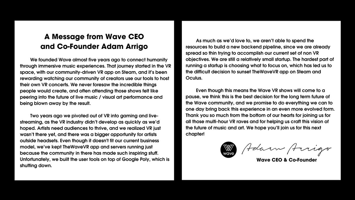 To the Wave community re: Wave VR. Questions or comments, we encourage you to connect with us at info@wavexr.com.