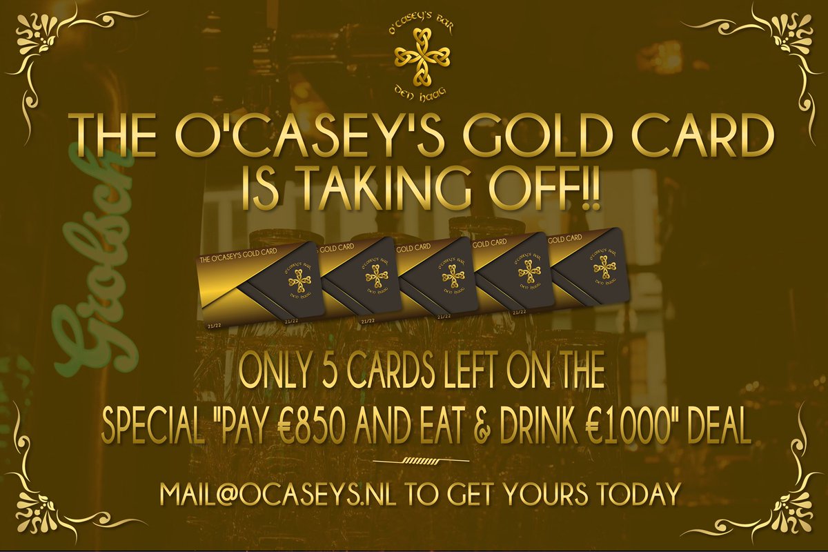 5 Gold cards left for this deal folks 🍻☘️ #Goldcard <a href="/Ocaseysirishpub/">O'Casey's Irish Pub</a> #deal #helpdehoreca #denhaag #irishpub #member
