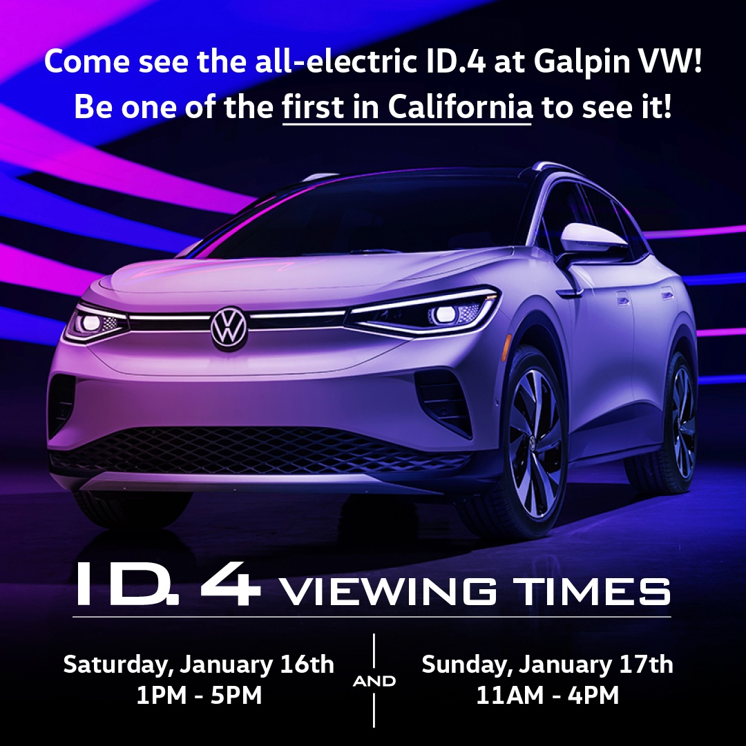 Weekend plans? Be one of the first in California to view the all-new, 2021 Volkswagen ID.4 here in our <a href="/GalpinVW/">Galpin Volkswagen</a> showroom tomorrow AND Sunday! 

Galpin VW Viewing Hours:
Sat: 1pm-5pm
Sun: 11am-4pm
⁠⠀