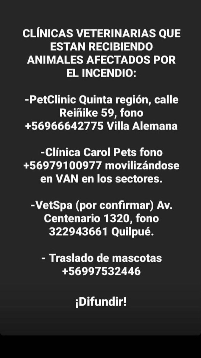 AnimalParaiso's tweet image. Otras clínicas veterinarias que están ofreciendo ayuda para los animales afectados por los incendios de #Quilpué.

Favor compartir. 🙏
