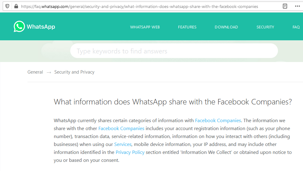 Regardless of the announced update, what kind of personal information does Whatsapp currently share with FB, according to its website?- account+device info- transaction data- service-related information- information on how you interact with othersBasically, all metadata.