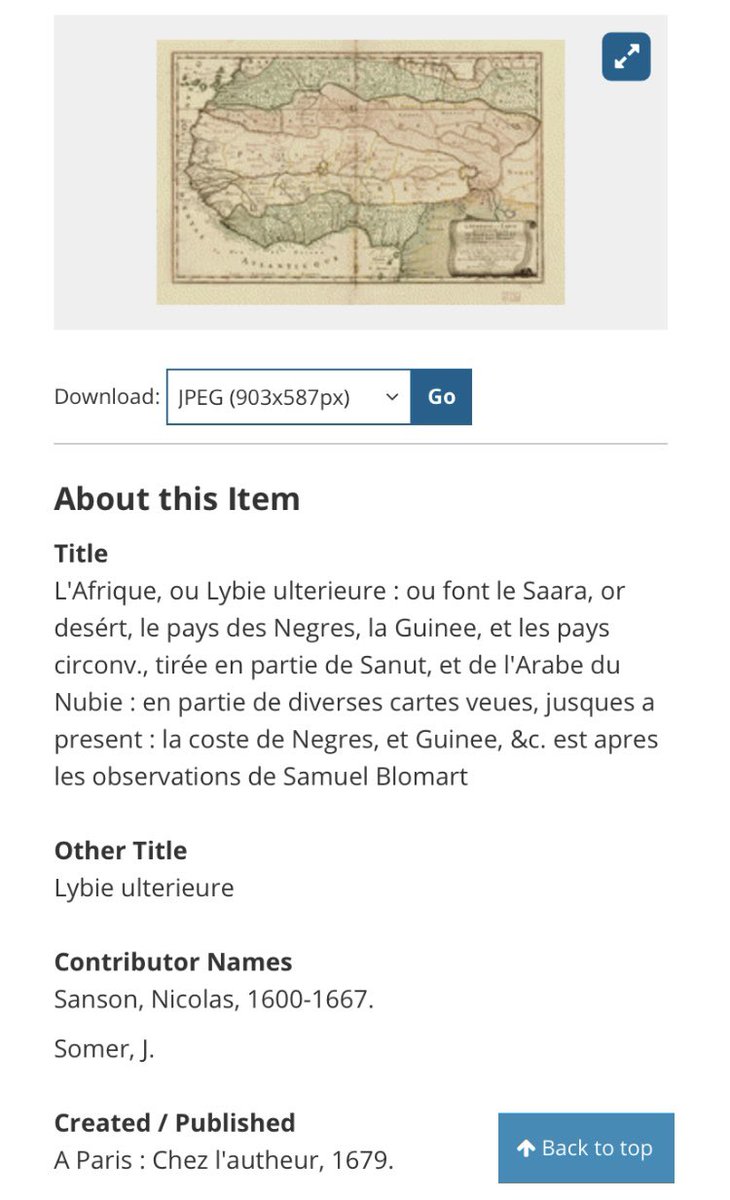 Map at Library of Congress for a Sanson map dated 1679 of Africa called L’Afrique which includes a large region/kingdom called Pays Des Negres