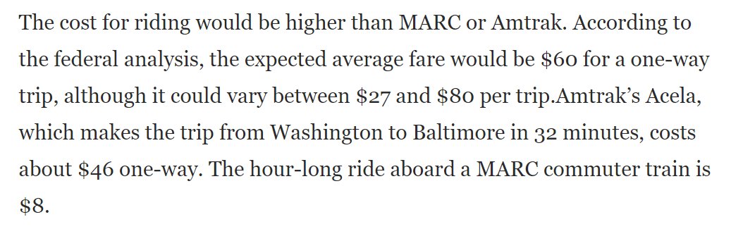 MARC: $8Amtrak NEC: $15Amtrak Acela: $46Maglev: $60