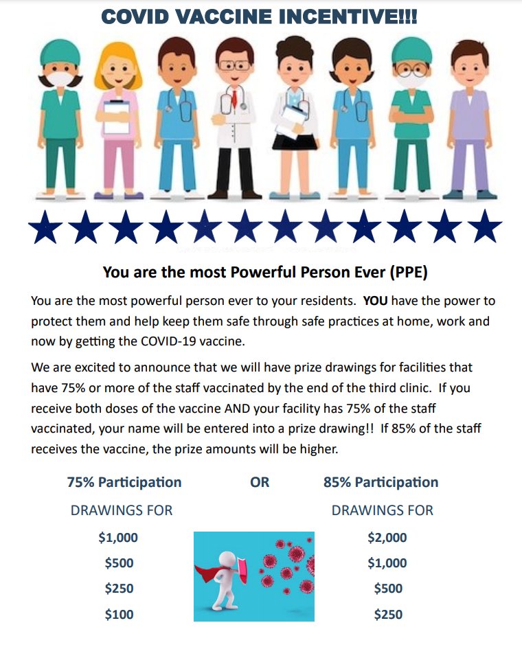 More are doing incentives like gift cards, free meals at Waffle House, cash, extra time off ( https://www.nytimes.com/2021/01/14/business/covid-vaccine-health-hospitals.html). See flier for an inter-facility competition for a company in OH/KY. Actively engaging staff is also key to overcoming historic mistrust.