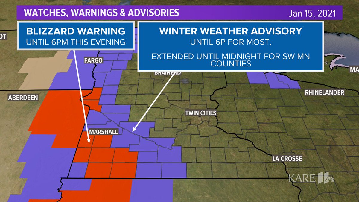 Latest alert map after winter weather advisory was lifted for more counties. Blizzard warning still in effect for southwestern Minnesota that will change to a winter weather advisory at 6pm. #kare11weather https://t.co/vl88zZCLC8
