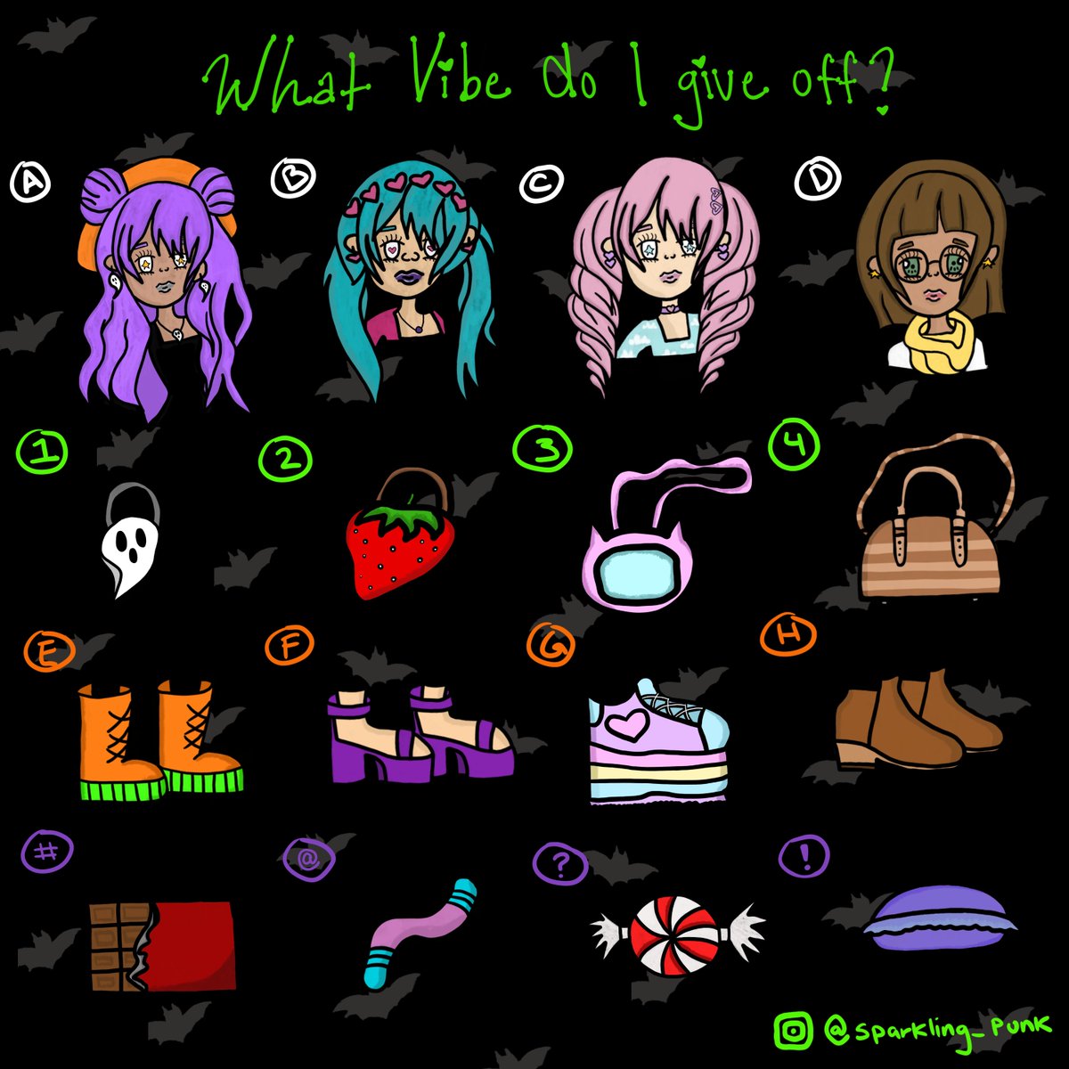 Sparkling_Punk's tweet photo. I have been seeing these going around, so I decided to create my own! 💜🧡💚🖤

#whatvibedoigiveoff #whatvibe #illustration #SparklingPunk #digitalillustration https://t.co/Bxf5IHcoQP