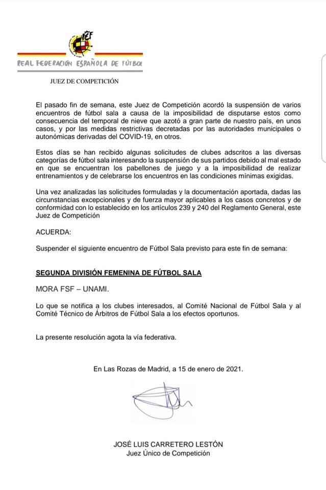 MoraFutbolSala's tweet photo. ⚫🔴⚪  JORNADA APLAZADA_ 

La RFEF comunica de forma oficial el aplazamiento del partido que nos enfrentaría mañana a @Las13azules Unami Segovia en la segunda jornada de la segunda vuelta.  

El temporal también aplaza el Mora FSF B - Yepes.

⚽
#volveremo https://t.co/q4jsPkcYB1