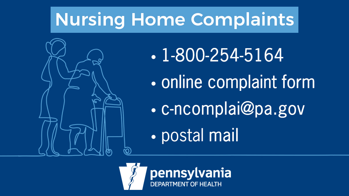 PA Department of Health (@pahealthdept) on Twitter photo The December 2020 nursing home inspection + sanction information has been released: bit.ly/3sxtQP4
Make a nursing home complaint anonymously by calling 1-800-254-5164, filling out online complaint form, emailing c-ncomplai@pa.gov or sending complaint in mail to us. The December 2020 nursing home inspection + sanction information has been released: bit.ly/3sxtQP4
Make a nursing home complaint anonymously by calling 1-800-254-5164, filling out online complaint form, emailing c-ncomplai@pa.gov or sending complaint in mail to us.