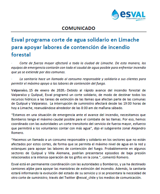 Monad_Event's tweet photo. LIMACHE: debido a la propagación del incendio forestal debemos realizar corte solidario de agua potable  desde las 19:00 hrs. hasta las 08.00 hrs de mañana sábado. Es fundamental que podamos contar con el agua necesaria para apoyar a los equipos de #bomberos y @conaf_minagri https://t.co/oufnjdi8KU