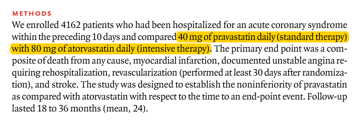 I remember this trial so well from when it came out. I remember thinking it was a silly design. You take a lower dose of a low potency statin and compare to a higher dose of a high potency statin