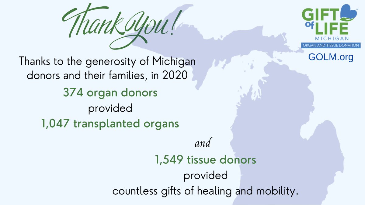 GiftofLifeMich's tweet photo. Michigan had a record number of organ donors in 2020, for the third consecutive year! Thank you to all the generous families who made this possible. #DonateLife #RecordYear #SupportOPOs
https://t.co/hxF2j8jKZm https://t.co/QEiY1bCzMm