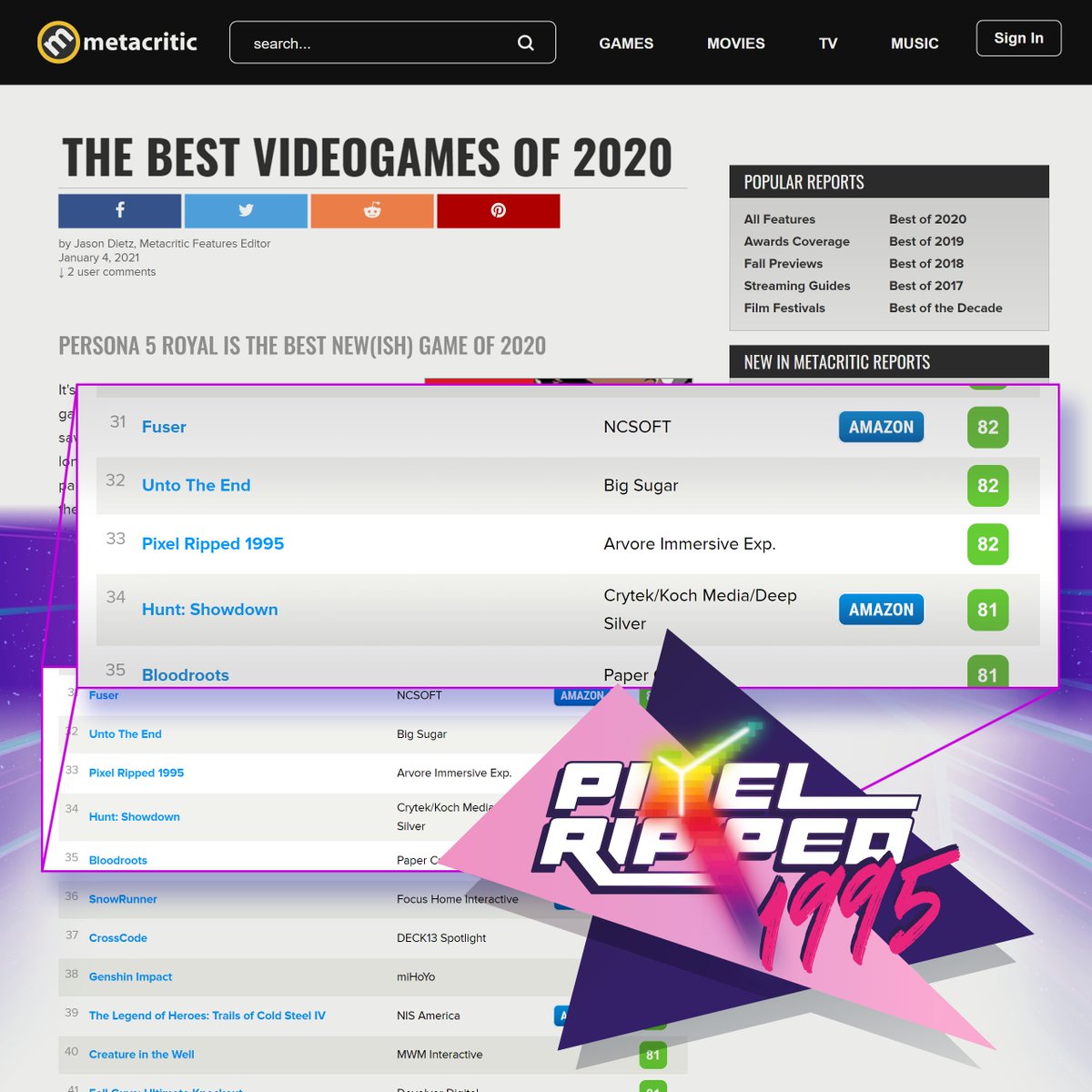 We've made the Metacritic's list for "Best Video Games of 2020"! ✌🤩🌟
📃metacritic.com/feature/best-v…
<a href="/PixelRipped/">Pixel Ripped 🕹️</a> 1995 has been such a fun &amp; passion-driven project since the beginning for our entire studio &amp; we can't wait to continue the adventure! 🔥🎮
#vr #retrogaming #metacritic