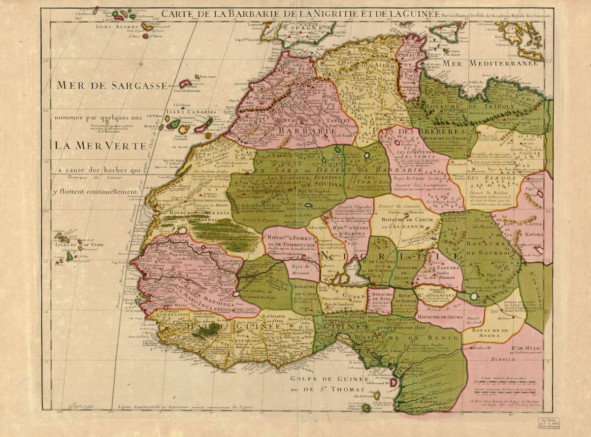 The Library of Congress map dated 1718 by l’isle of the Barbarie cost, Nigritie and Guinee, which shows the region of Nigritie/Negroland and the Kingdom of Juda at the ‘slave coast’