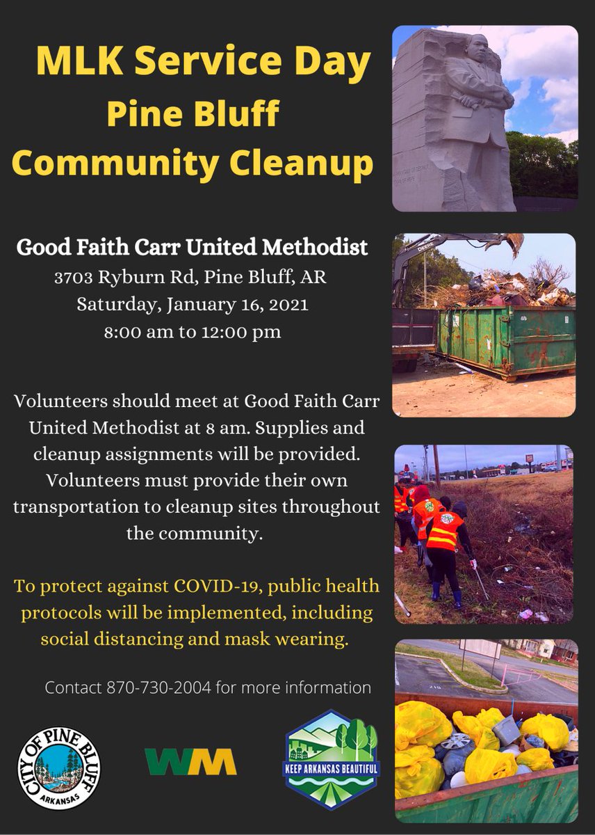 cityofpinebluff's tweet photo. The MLK Service Day: Pine Bluff Community Cleanup will be on tomorrow at 8 am!
*COVID-19 safeguards will be implemented. While cleanup supplies will be provided, volunteers should bring their own trash-grabbers.
#onepinebluff #strongertogether #dayofservice https://t.co/38uFM33B9G