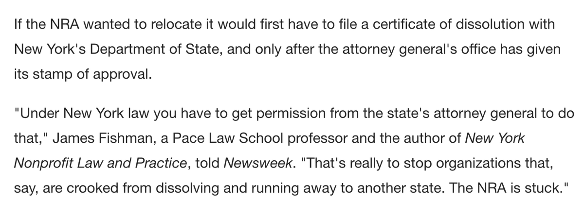 But the NRA can't just pick up and leave New York for Texas,  @quasiasher reported in  @Newsweek last year — the NY AG must sign off.  https://www.newsweek.com/nra-donald-trump-new-york-texas-1447134