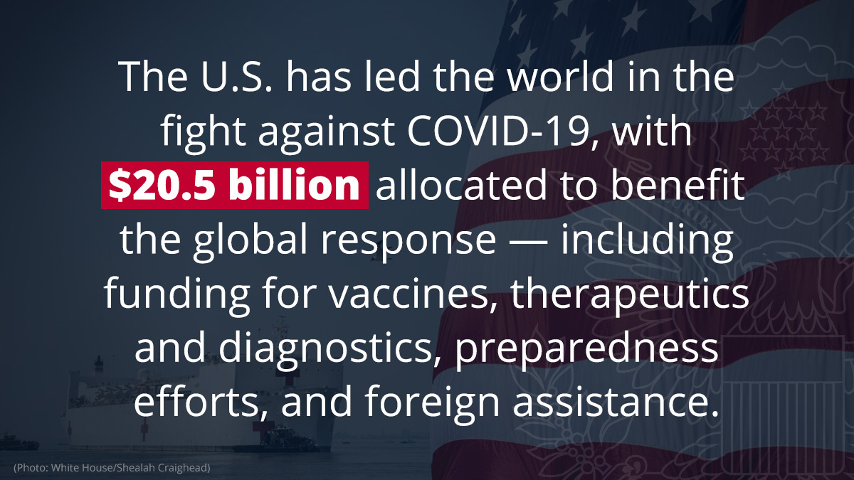 SecPompeo's tweet photo. The U.S. has led the world in the fight against COVID-19. $20.5 billion allocated to fund vaccines, therapeutics and diagnostics, preparedness efforts, and foreign assistance. Not to mention U.S. private company donations, NGOs, faith orgs. It's an #AllOfAmerica effort. https://t.co/2alv4tPM4K