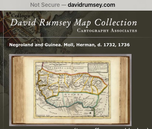 The David Rumsey Cartography Associates map dated 1736 AD by map maker Moll, included in Atlas Minor, of Negroland and Guinea