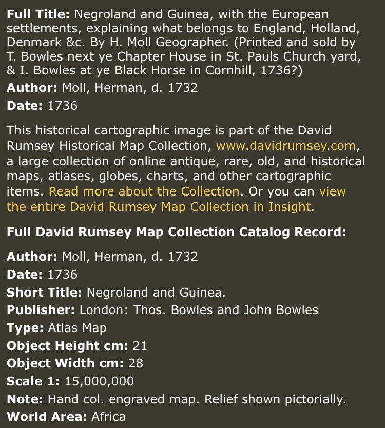The David Rumsey Cartography Associates map dated 1736 AD by map maker Moll, included in Atlas Minor, of Negroland and Guinea