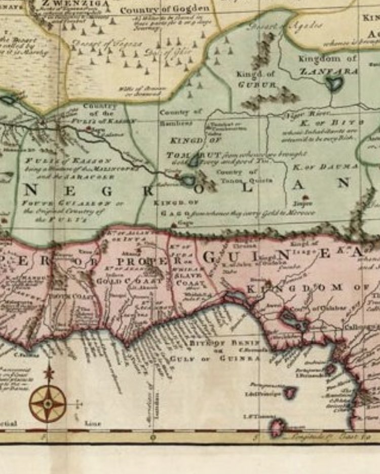 The BLR Rare Maps colored map dated 1744 by Bowen of West Africa that shows Negroland and the kingdom of Juda at the slave coast