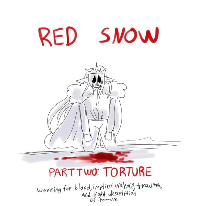 tw// blood, implied violence, trauma, body horror, and very light description and portrayal of torture

red snow, part two: torture
(1/2)
.
.
.
#technobladefanart #technoblade #tommyinnit #philza #ranboo #tubbofanart #ranboofanart #dreamsmpfanart #dreamsmp 