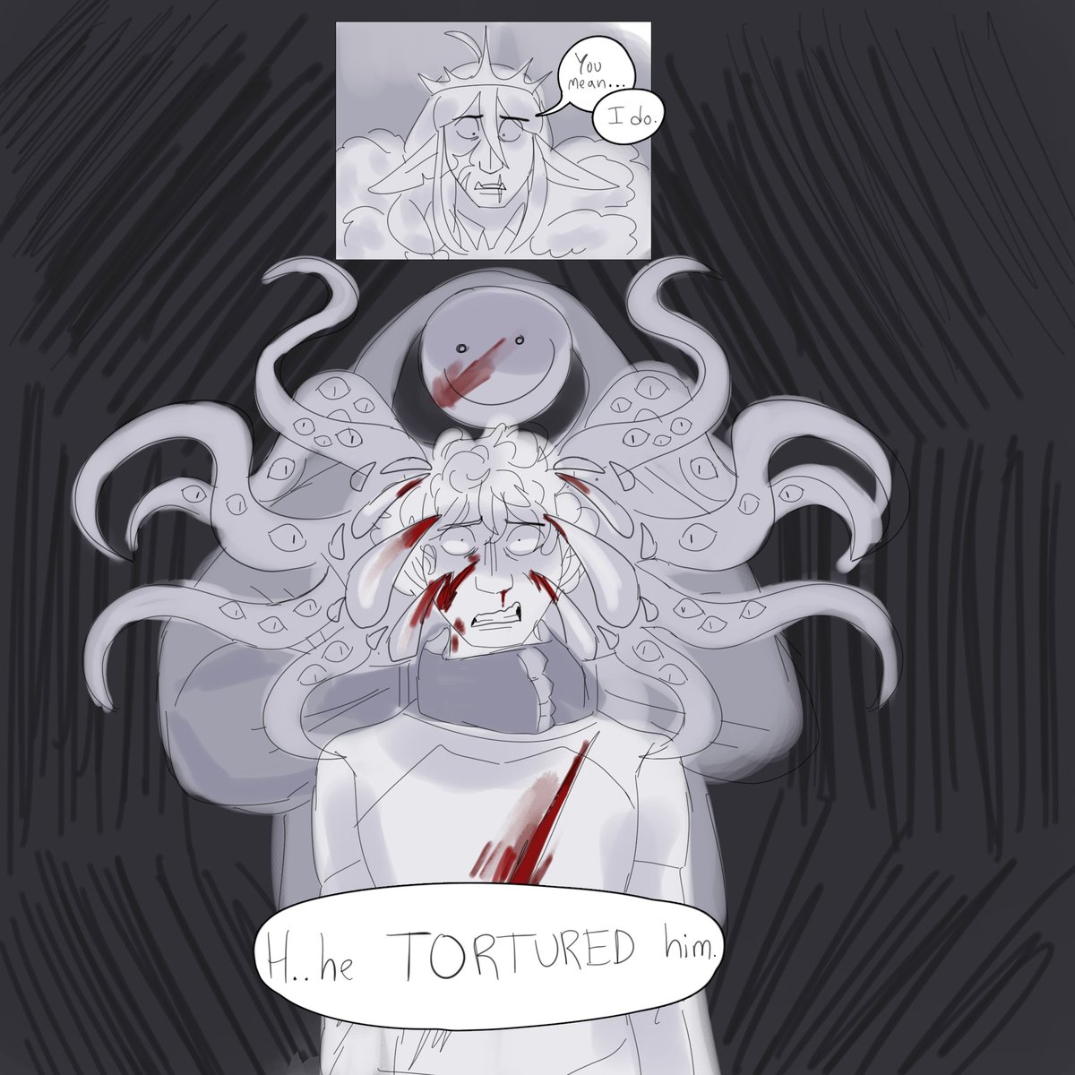 tw// blood, implied violence, trauma, body horror, and very light description and portrayal of torture

red snow, part two: torture
(1/2)
.
.
.
#technobladefanart #technoblade #tommyinnit #philza #ranboo #tubbofanart #ranboofanart #dreamsmpfanart #dreamsmp 