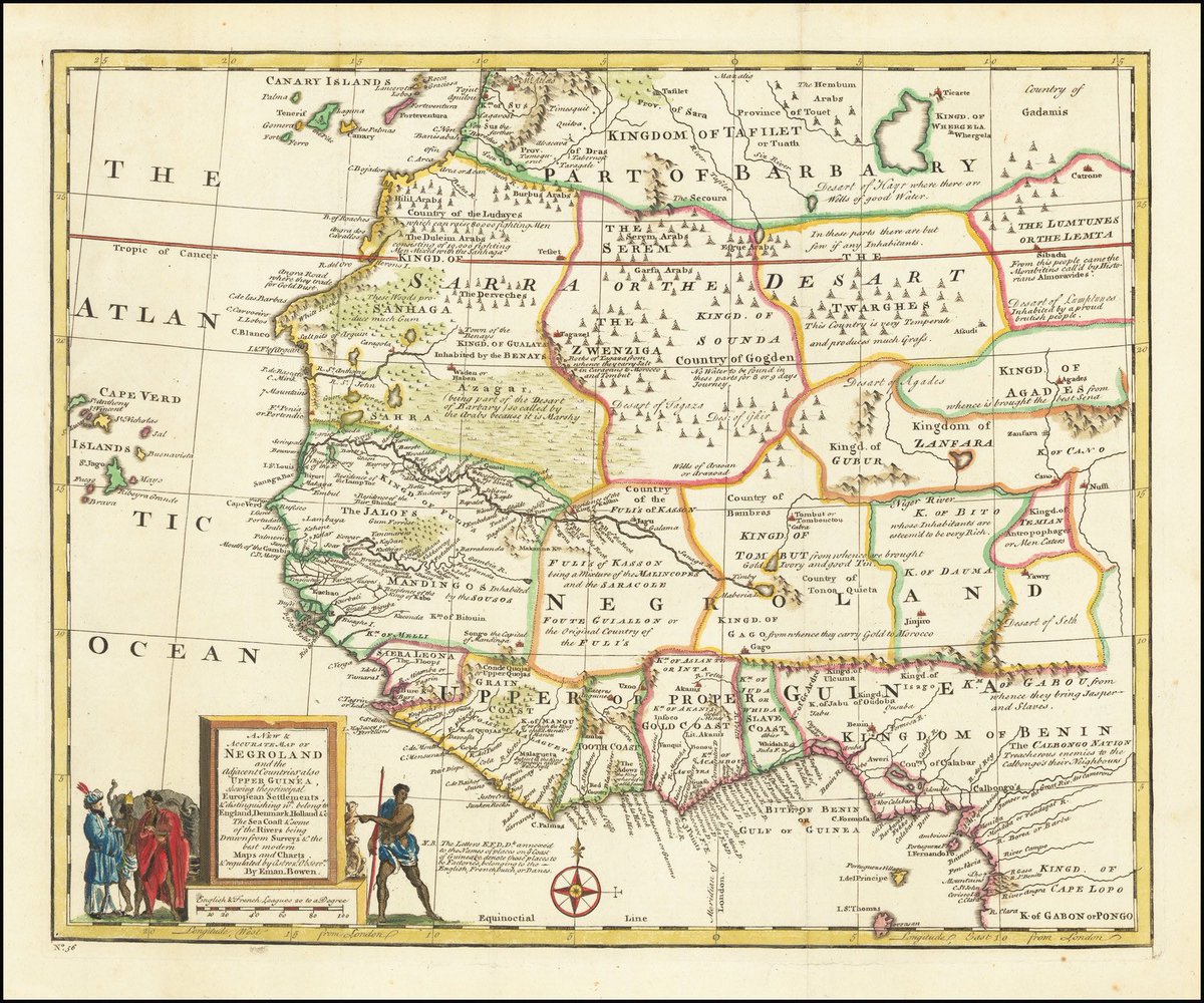 The BLR Rare Maps of map dated 1747 AD by Bowen of Negroland and adjacent countries, denoting in the map title that Negroland is a country