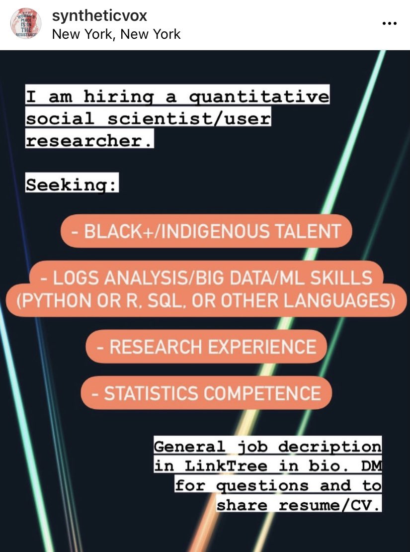 syntheticvox's tweet photo. I’m hiring! Looking for quantitative research/data science talent. #BlackTechTwitter #BlackTechPipeline #NativeTwitter #quantitativesocialscience https://t.co/bjcf61c3jj