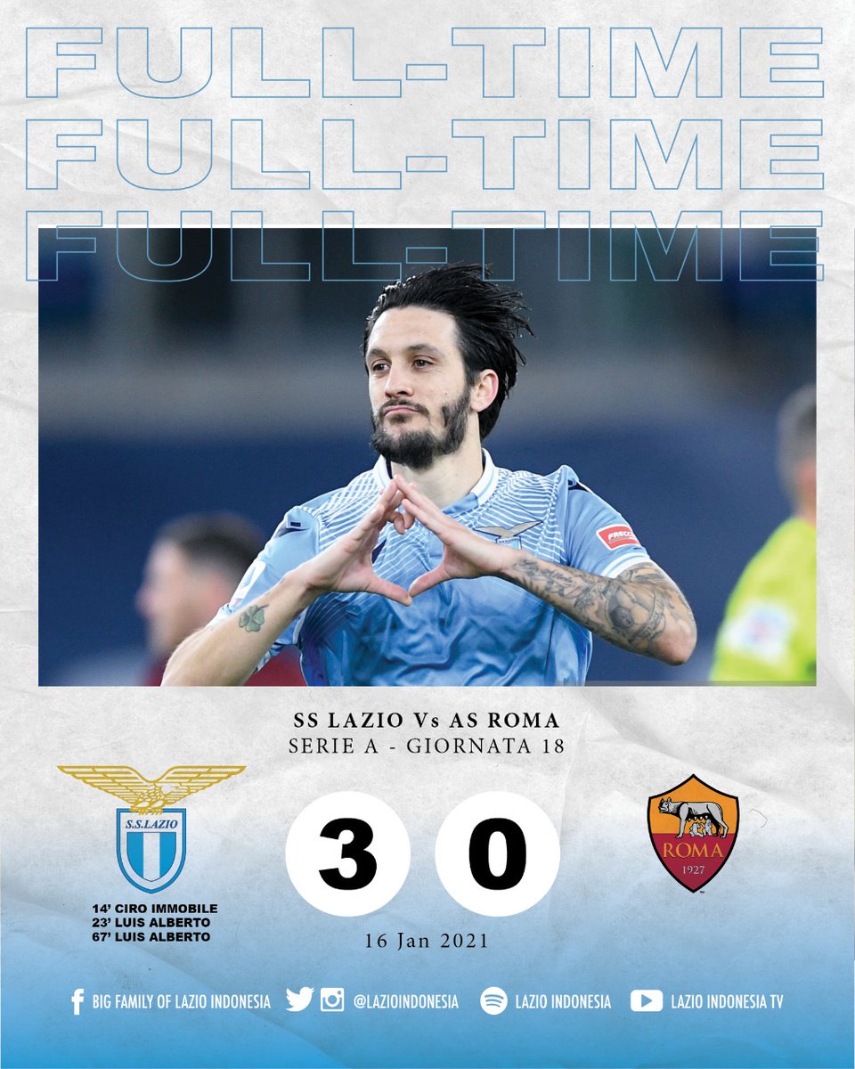 FT | #LazioRoma 3-0

⚽️ <a href="/ciroimmobile/">Ciro Immobile</a> (14’)
⚽️⚽ <a href="/10_luisalberto/">Luis Alberto Romero</a> (23’, 67')

#CMonEagles 🦅