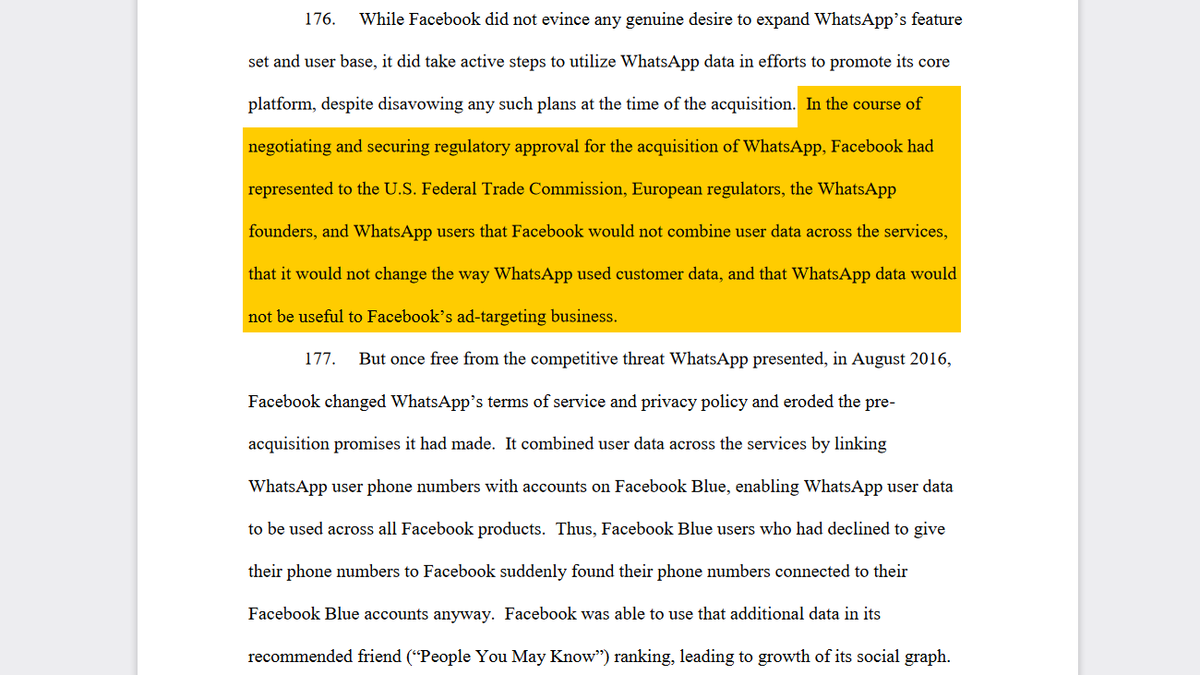 This data sharing is happening since 2016.When Facebook acquired Whatsapp in 2014, it told users and US/EU regulators that FB would not combine user data across the services.This is from the recent antitrust lawsuit of 46 US states against Facebook:  https://ag.ny.gov/sites/default/files/facebook_complaint_12.9.2020.pdf