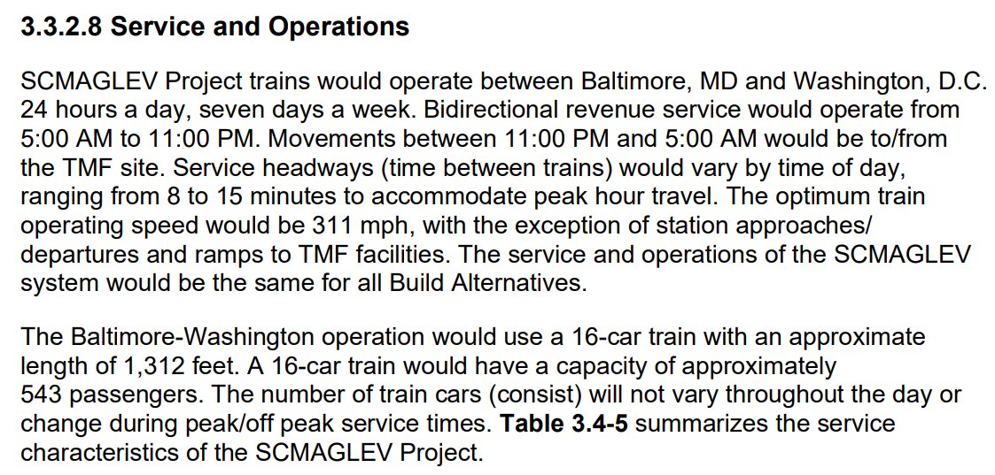 DC-Baltimore maglev service hours: 5am - 11pmTrains would run every 8-15 minutes (peak vs off-peak)Trains currently will be made of 16-cars each (1312 ft long), holding up to 543 passengers.