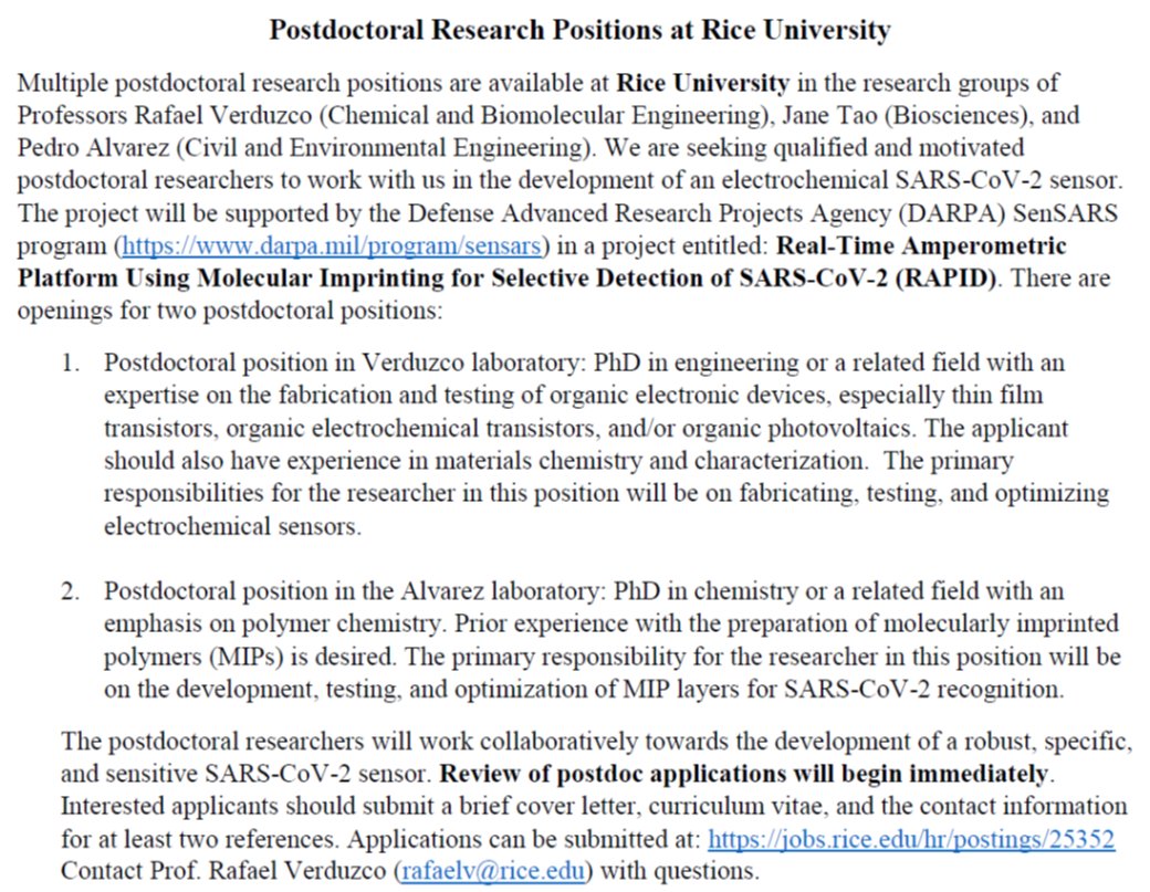 Excited to announce two openings for postdoctoral researchers. The project will focus on the development of an electrochemical SARS-CoV-2 sensor and is in collaboration with the Pedro Alvares and Jane Tao labs at Rice. More details here: jobs.rice.edu/hr/postings/25… and attached