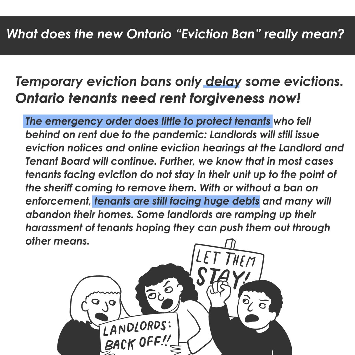 The emergency order does little to protect tenants who fell behind on rent due to the pandemic. We know that in most cases tenants facing eviction do not stay in their unit up to the point of the sheriff coming to remove them.  #ontariolockdown  #NoCovidEvictions