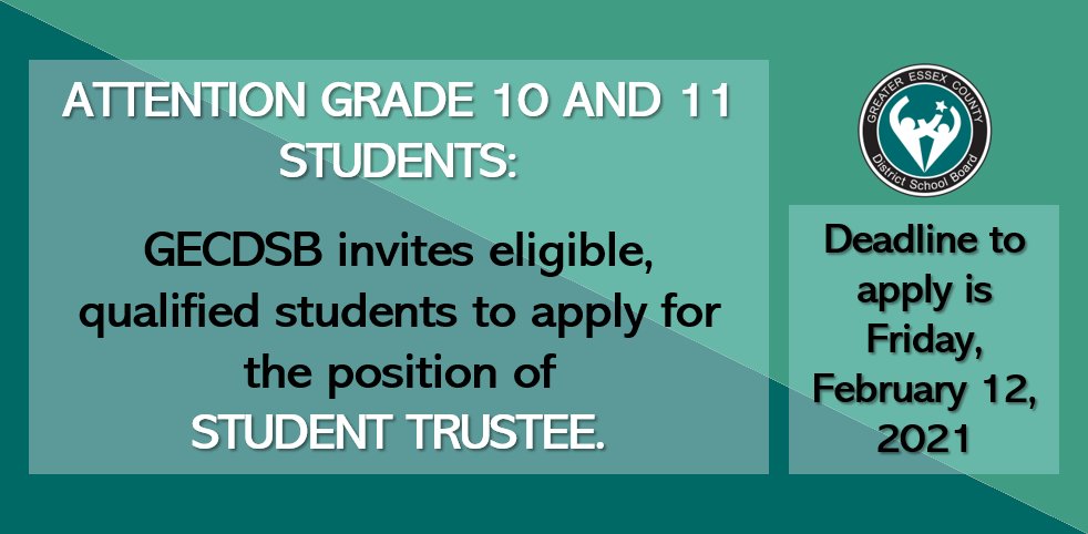Applications are now being accepted for Student Trustee positions for the 2021-22 school year. Applications must be received no later than 4:00 p.m. on Friday, February 12, 2021. For more information, visit our website: bit.ly/2LYcp9d