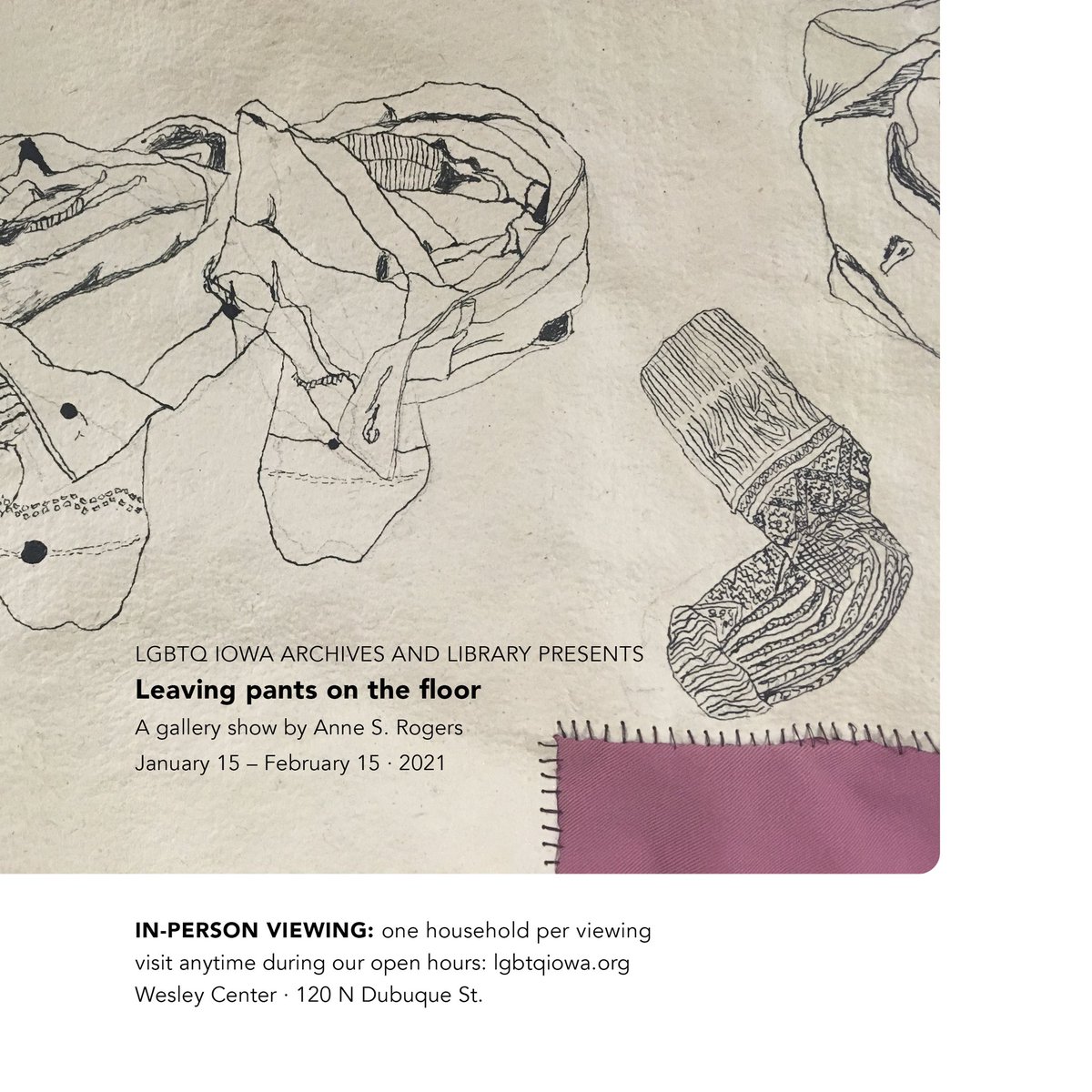 LGBTQIowa's tweet photo. Opening with our #LendingLibrary tonight is Iowa City-based artist Anne S. Rogers’ show “Leaving pants on the floor” - up until February 15th, stop by over the next month to borrow a book and see their show! #QueerArt #QueerArtists #CommunityArchives #LGBTQIowa #QueerIowa https://t.co/bXw0bhFgkK