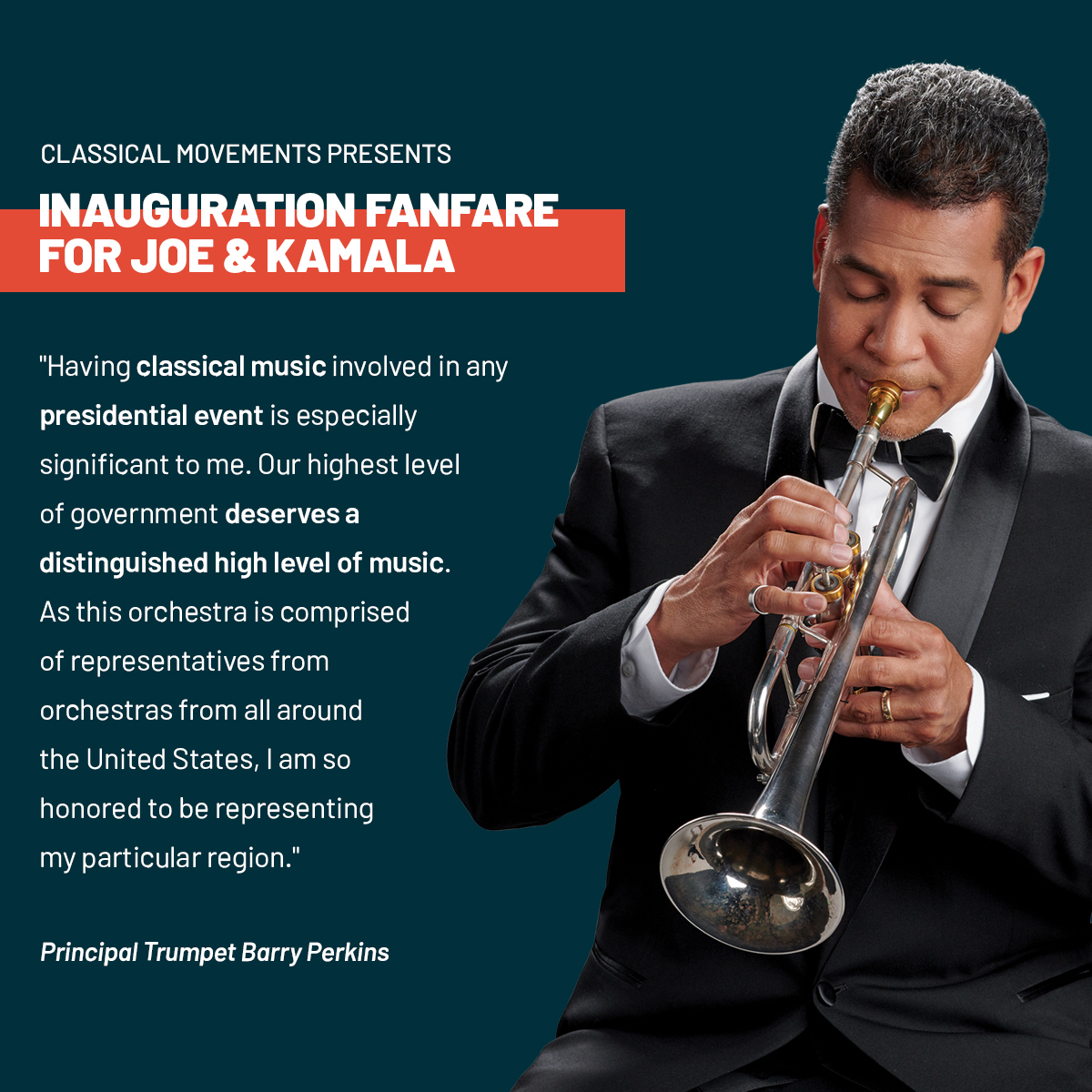 PacificSymphony's tweet image. We're truly honored that our Principal Trumpet Barry Perkins is performing with during Classical Movements's "Fanfare for Joe &amp;amp; Kamala," reflecting a desire for national unity and inclusiveness. 

Learn more on their website here: classicalmovements.com/fanfare/

#Inauguration2021