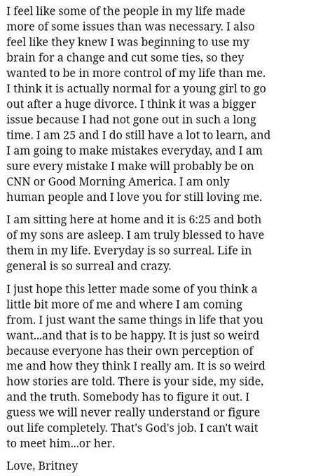 Following rehab, Britney wrote a letter to her fans saying she was cutting ties with people in her life who "made more of some issues than was necessary" and "wanted to be in more control of my life than me."  #FreeBritney