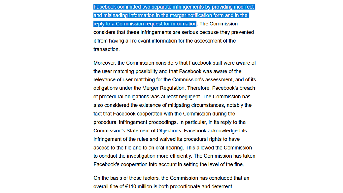 In 2014, FB formally told the EU Commission, it would even be *unable* to establish reliable automated matching between FB and WhatsApp user accounts ().Because of this lie Facebook was fined €110 million in 2017 (still a tiny amount of its profits): https://ec.europa.eu/commission/presscorner/detail/en/IP_17_1369