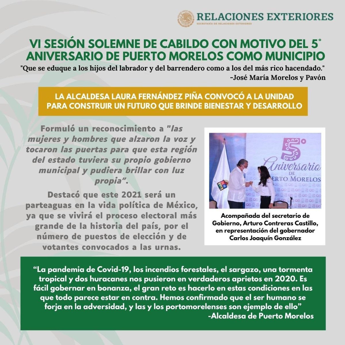 Te compartimos parte del discurso de la Pta. de <a href="/VivoEnPtMorelos/">Vivo en Puerto Morelos</a> <a href="/LauFdzOficial/">Laura Fernández 💫</a> con motivo del #5toAniversarioPuertoMorelos