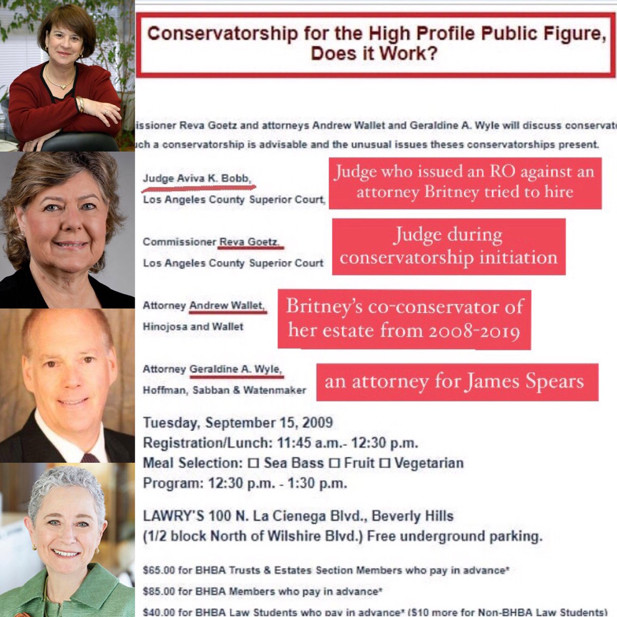 It is clear the judge, Reva Goetz, was corrupt because she has hosted events with the attorneys for Britney's father and with Britney's co-conservator Andrew Wallet at the same time that she's awarding them money from Britney's estate.  #FreeBritney