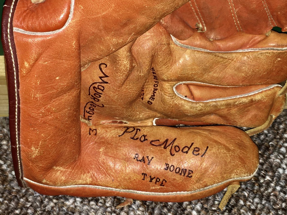 thefirkster's tweet image. Almost went cross eyed trying to find the print - but letter by letter found them &amp;amp; got fresh ink in them. Couldn’t find a manufacturer logo/name. I love how they used different fonts for every part of this glove (didn’t make it easier) #RayBoone played for the #Indians 1948-53
