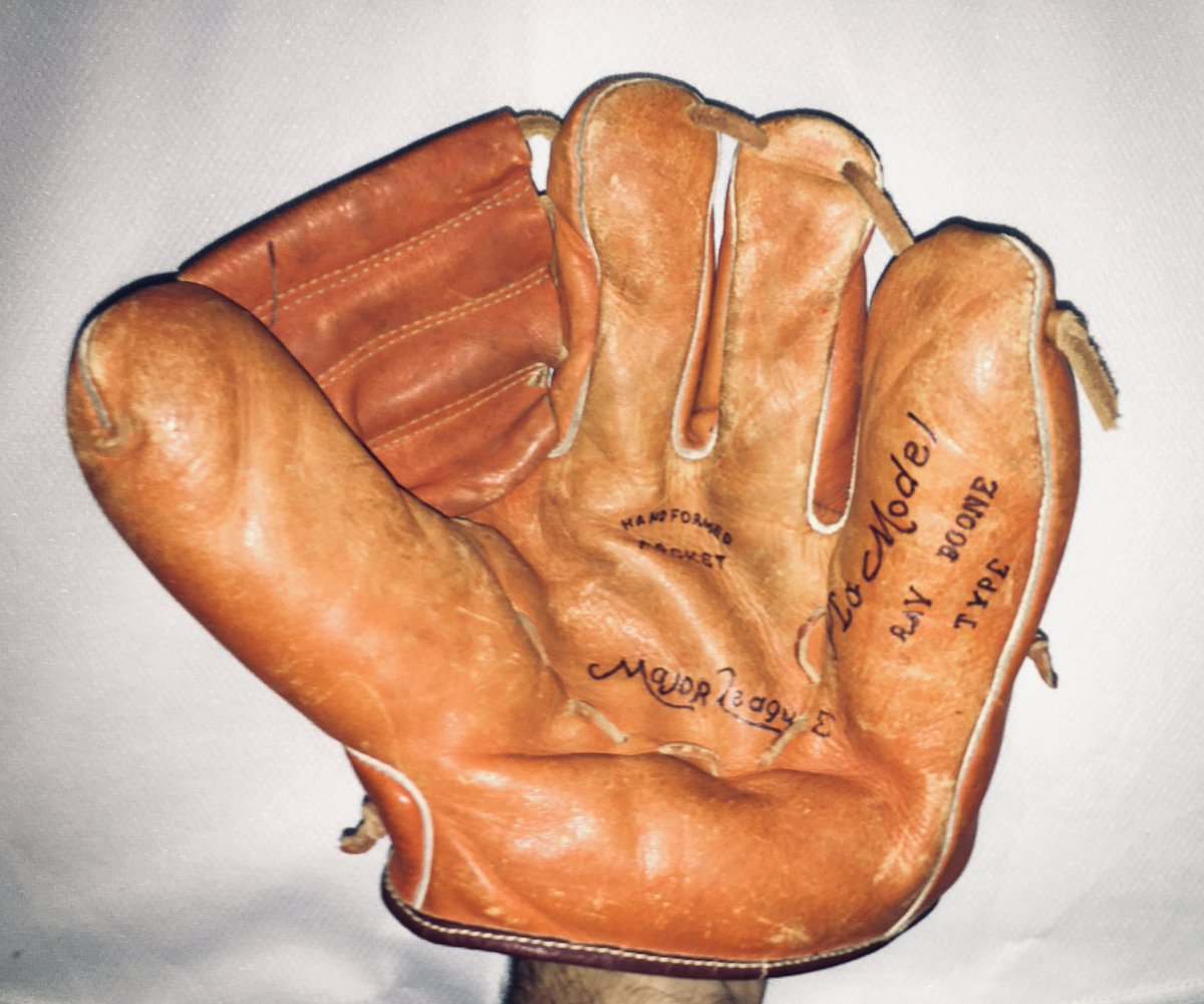 thefirkster's tweet image. Almost went cross eyed trying to find the print - but letter by letter found them &amp;amp; got fresh ink in them. Couldn’t find a manufacturer logo/name. I love how they used different fonts for every part of this glove (didn’t make it easier) #RayBoone played for the #Indians 1948-53
