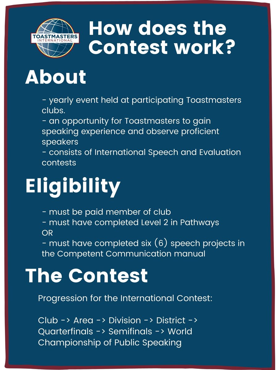 Come and watch (or participate) in our yearly Austin Toastmasters International Speech Contest!

The contest will be taking place on Feb 2nd @ 6:15p CST on Zoom. Link in the website. :)

austintoastmasters.org