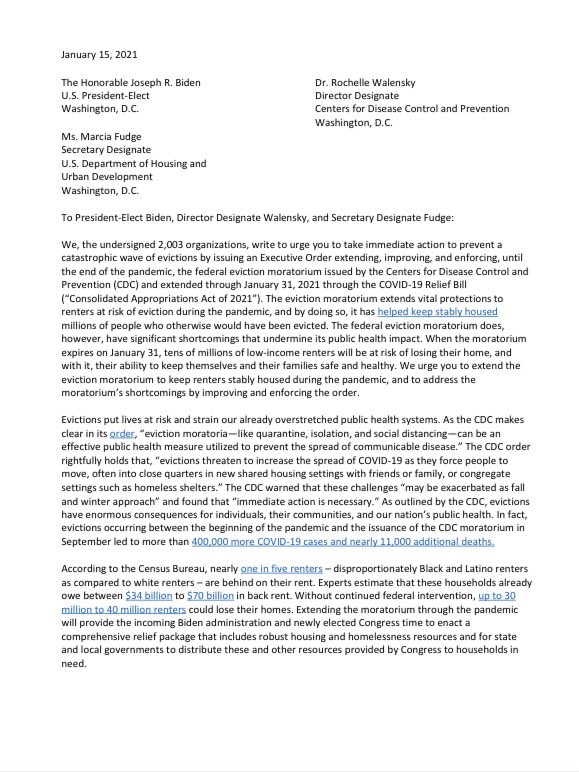 dianeyentel's tweet photo. ❗️Over *2000* organizations and elected officials join @NLIHC in calling on @JoeBiden to sign a new Executive Order - on day one! - to extend, strengthen and enforce the federal eviction moratorium.❗️

Read the letter: https://t.co/CHoYiu9BSb https://t.co/saEtBuAYB0