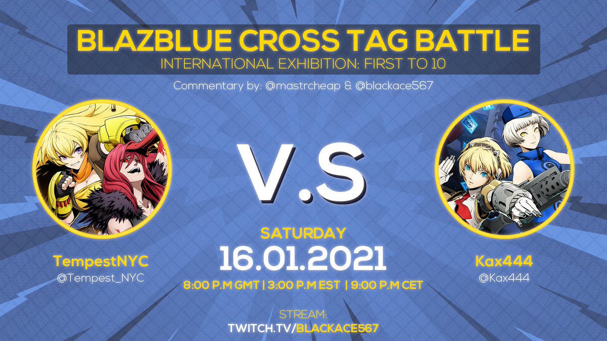 BlackAce (@blackace567) on Twitter photo This Saturday, join us for an interncontinental BBTAG exhibition between <a href="/Tempest_NYC/">TempestNYC</a>, one of NA’s best and <a href="/Kax444/">Kax444</a>, the Frenchman who has won multiple tourneys in EU, who will win this FT10?
Stream and commentary by me and <a href="/mastrcheap/">#PLAYBBTAG | Mastrcheap</a>
Graphic by <a href="/azrdavid966/">Panther</a> This Saturday, join us for an interncontinental BBTAG exhibition between <a href="/Tempest_NYC/">TempestNYC</a>, one of NA’s best and <a href="/Kax444/">Kax444</a>, the Frenchman who has won multiple tourneys in EU, who will win this FT10?
Stream and commentary by me and <a href="/mastrcheap/">#PLAYBBTAG | Mastrcheap</a>
Graphic by <a href="/azrdavid966/">Panther</a>